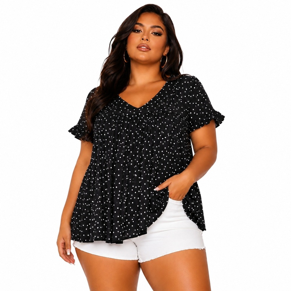 BloomChic Women Black White Polka Dot V-Neck Ruffle Sleeve Top 14-16 NEW